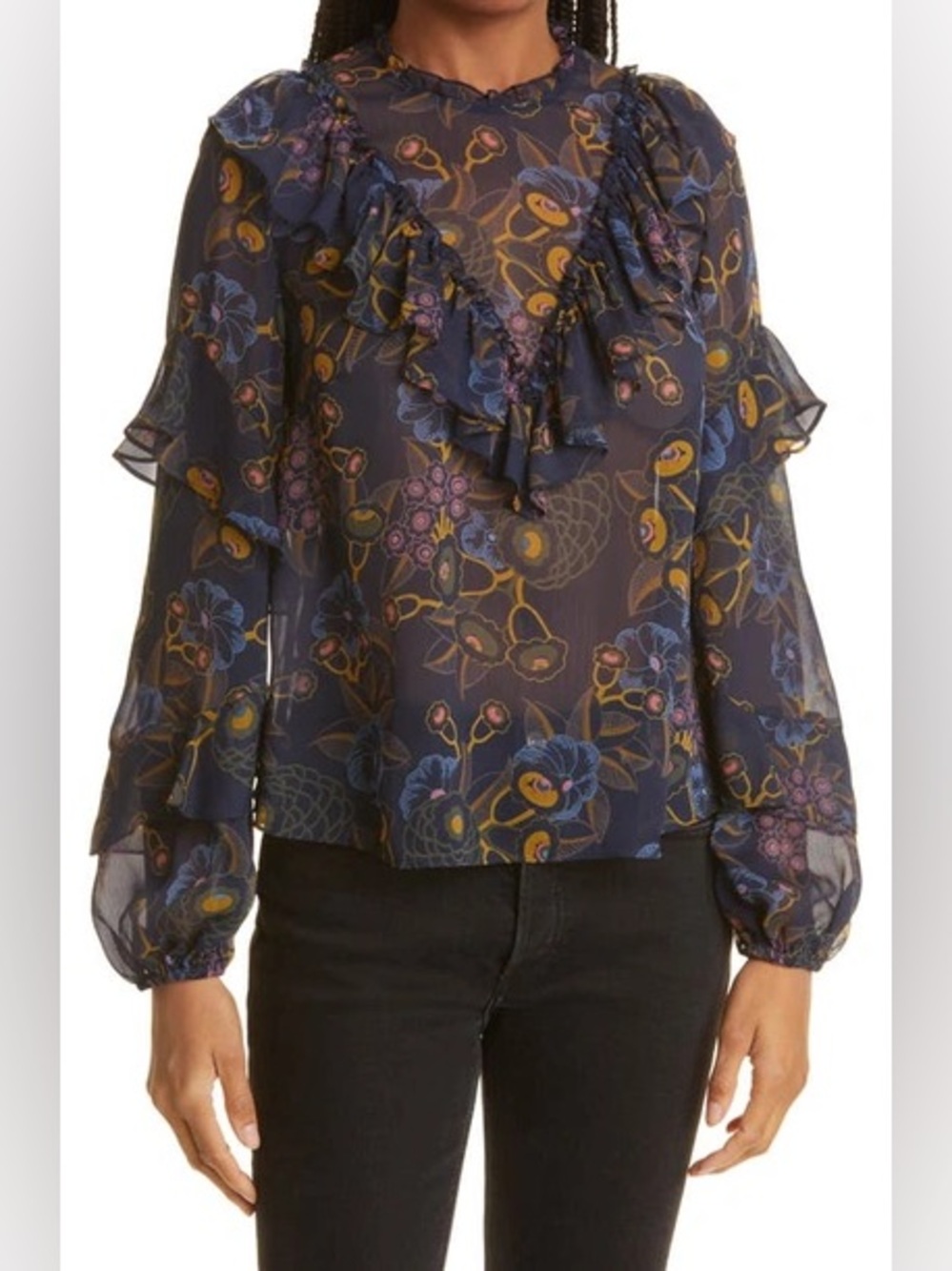 Ted Backer Blouse Size Small Jovena Floral Waterfall Ruffle Navy Semi Sheer